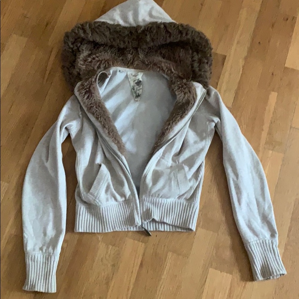 Tan cotton zip up w/hood fur linned
